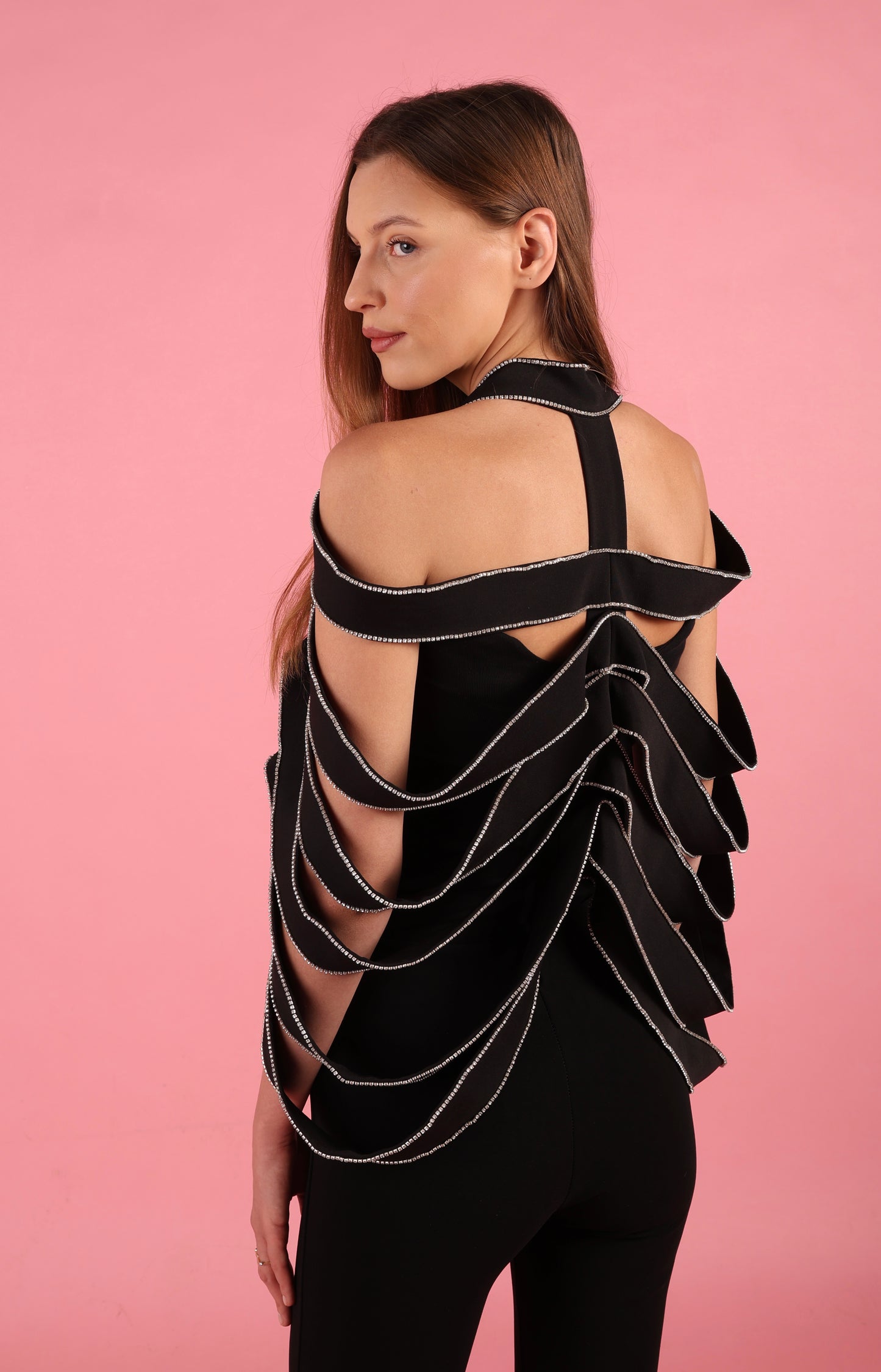 Black Strap Rhinestone Overlay Shoulder cape fits size36/48