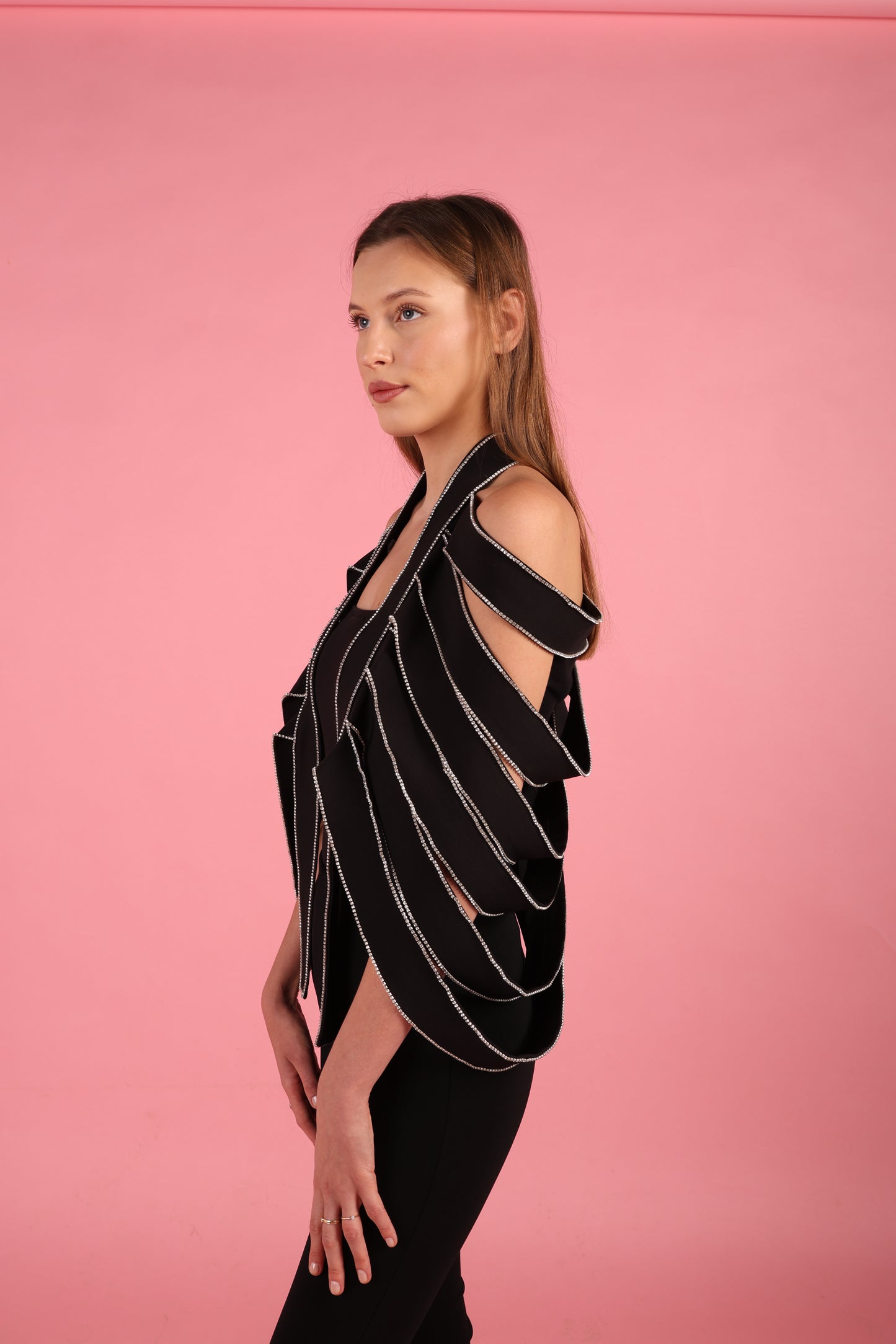 Black Strap Rhinestone Overlay Shoulder cape fits size36/48