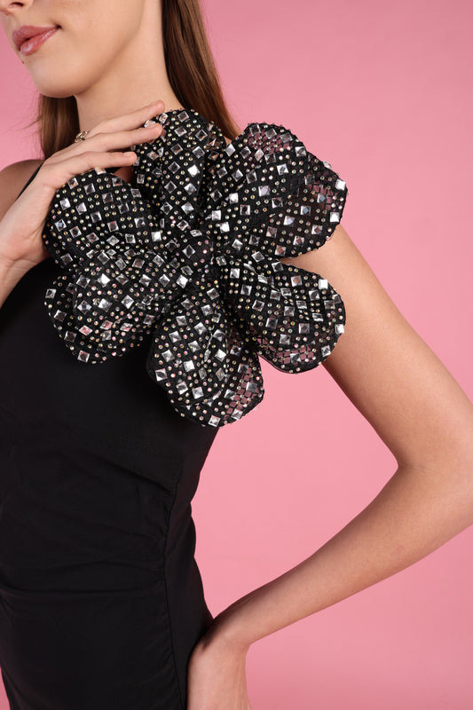Oversized Black & Crystal Flower Statement Brooch