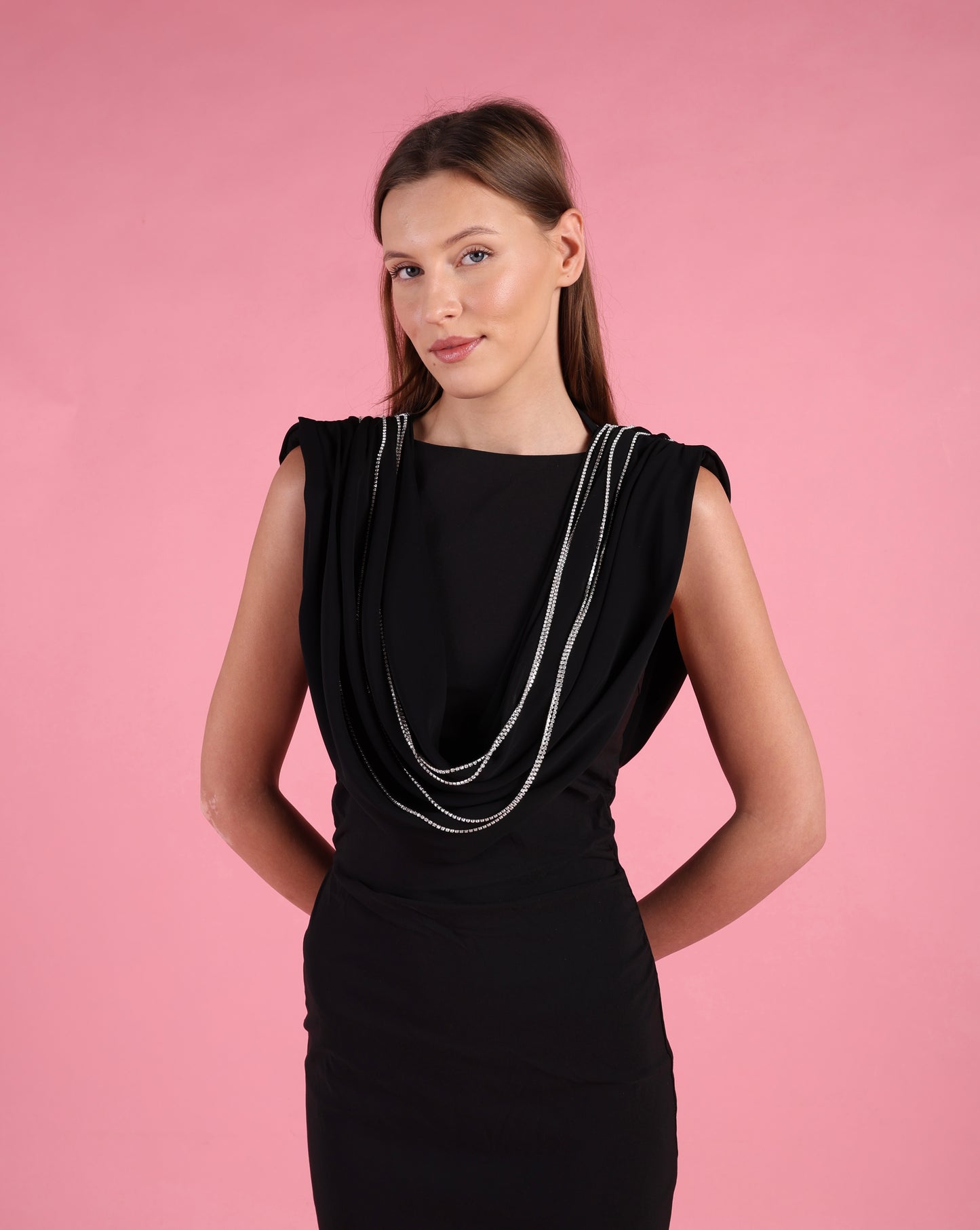 Draped Cowl Neck Top with Crystal Chains