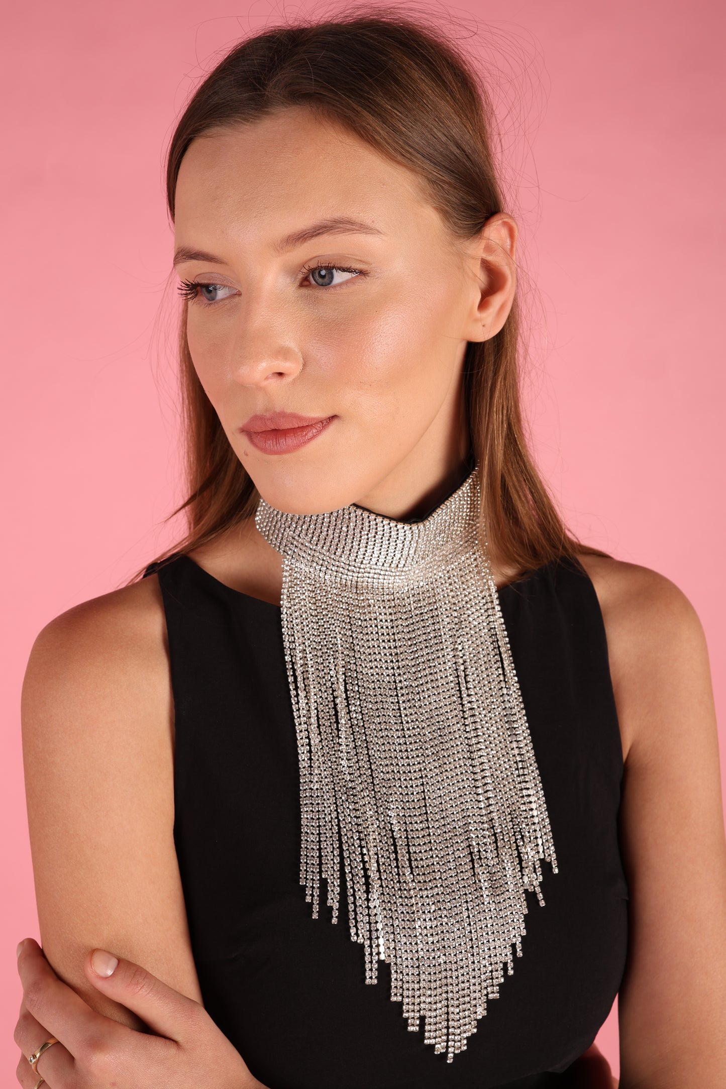 Silver Rhinestone Tassel Collar Statement Neckpiece