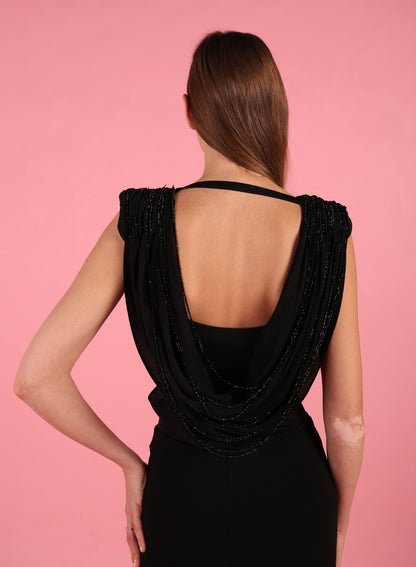 Draped Cowl Neck Top with Black Crystal Chains