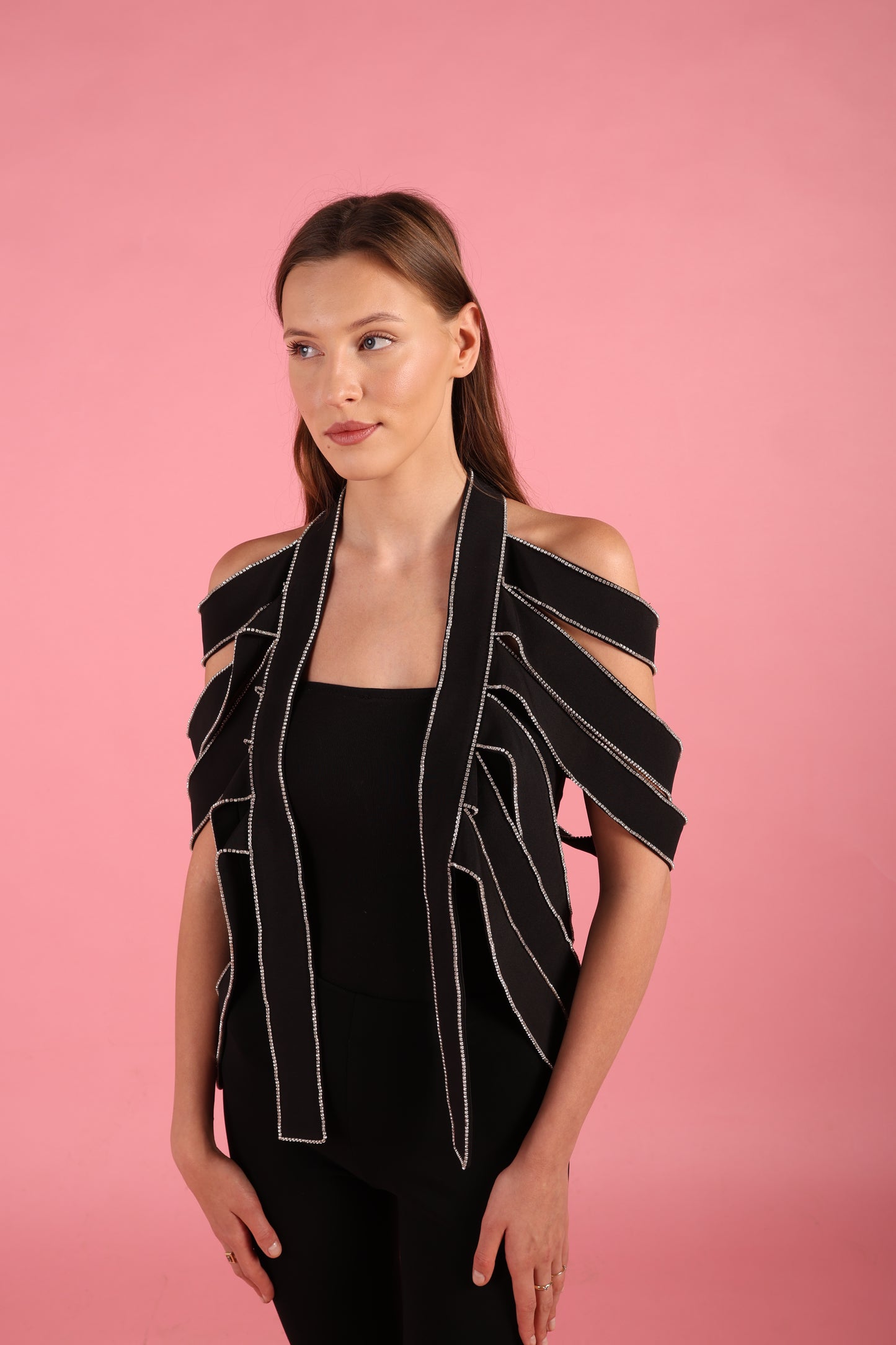 Black Strap Rhinestone Overlay Shoulder cape fits size36/48