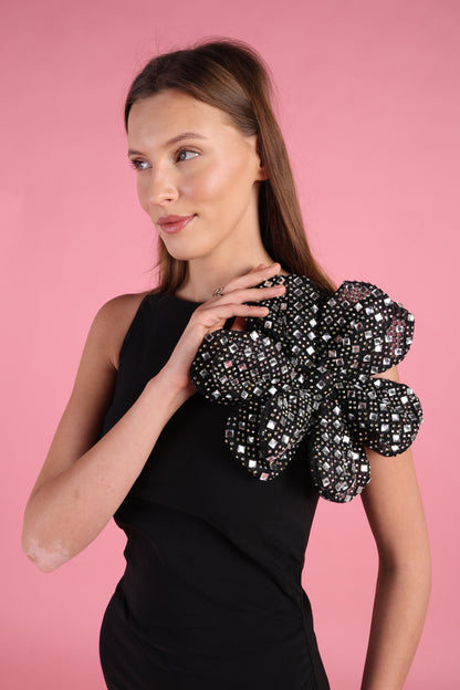 Oversized Black & Crystal Flower Statement Brooch
