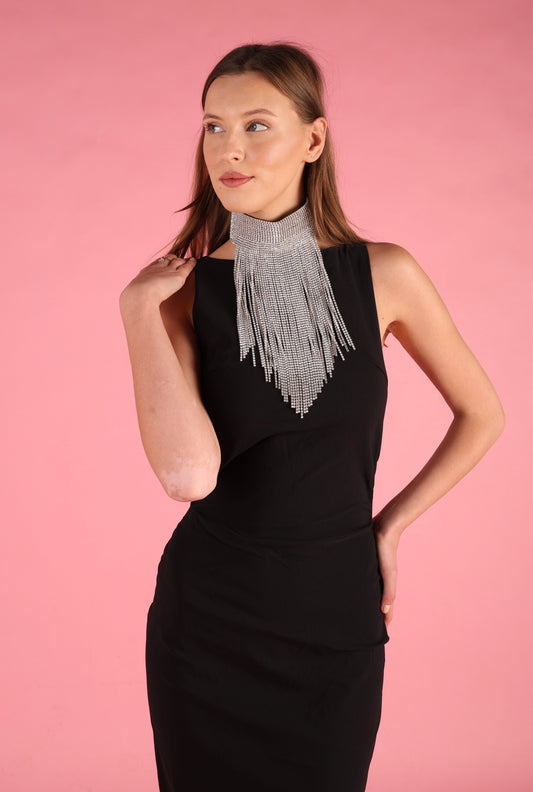 Silver Rhinestone Tassel Collar Statement Neckpiece