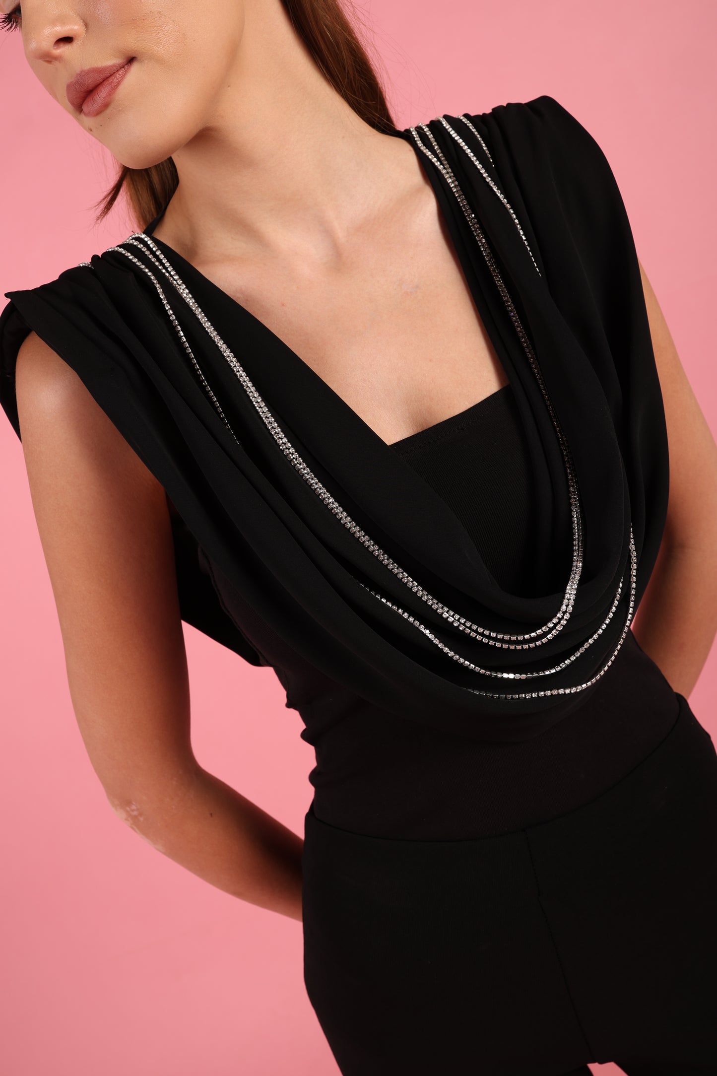 Draped Cowl Neck Top with Crystal Chains