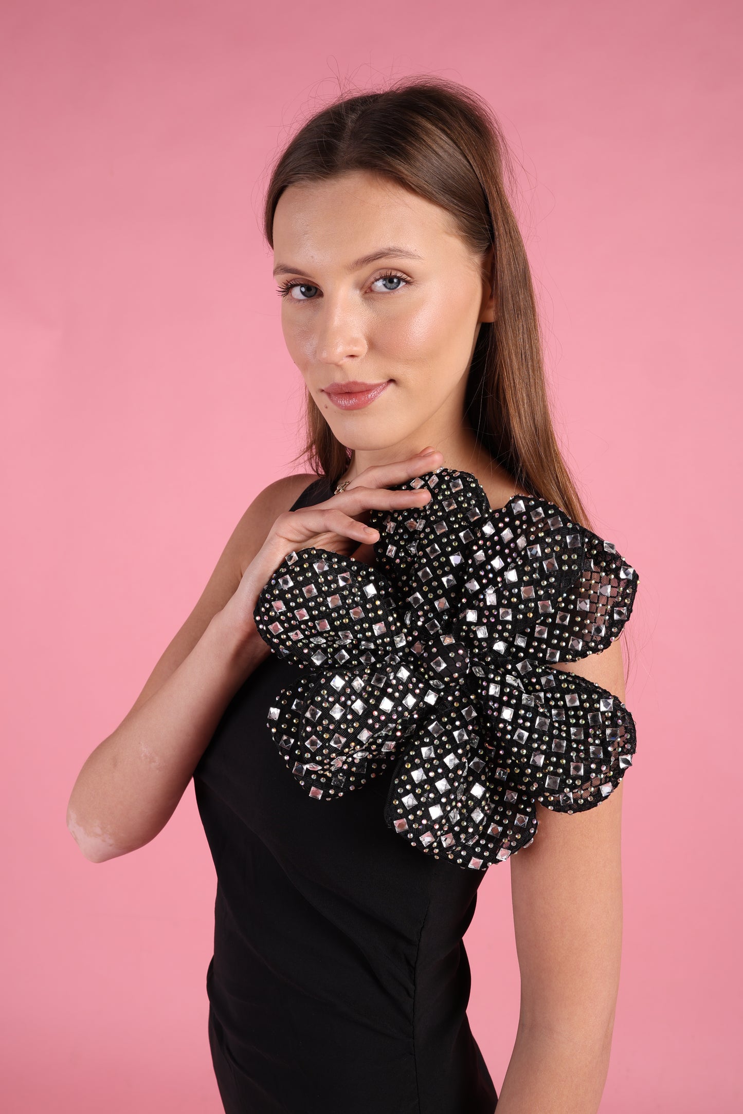 Oversized Black & Crystal Flower Statement Brooch