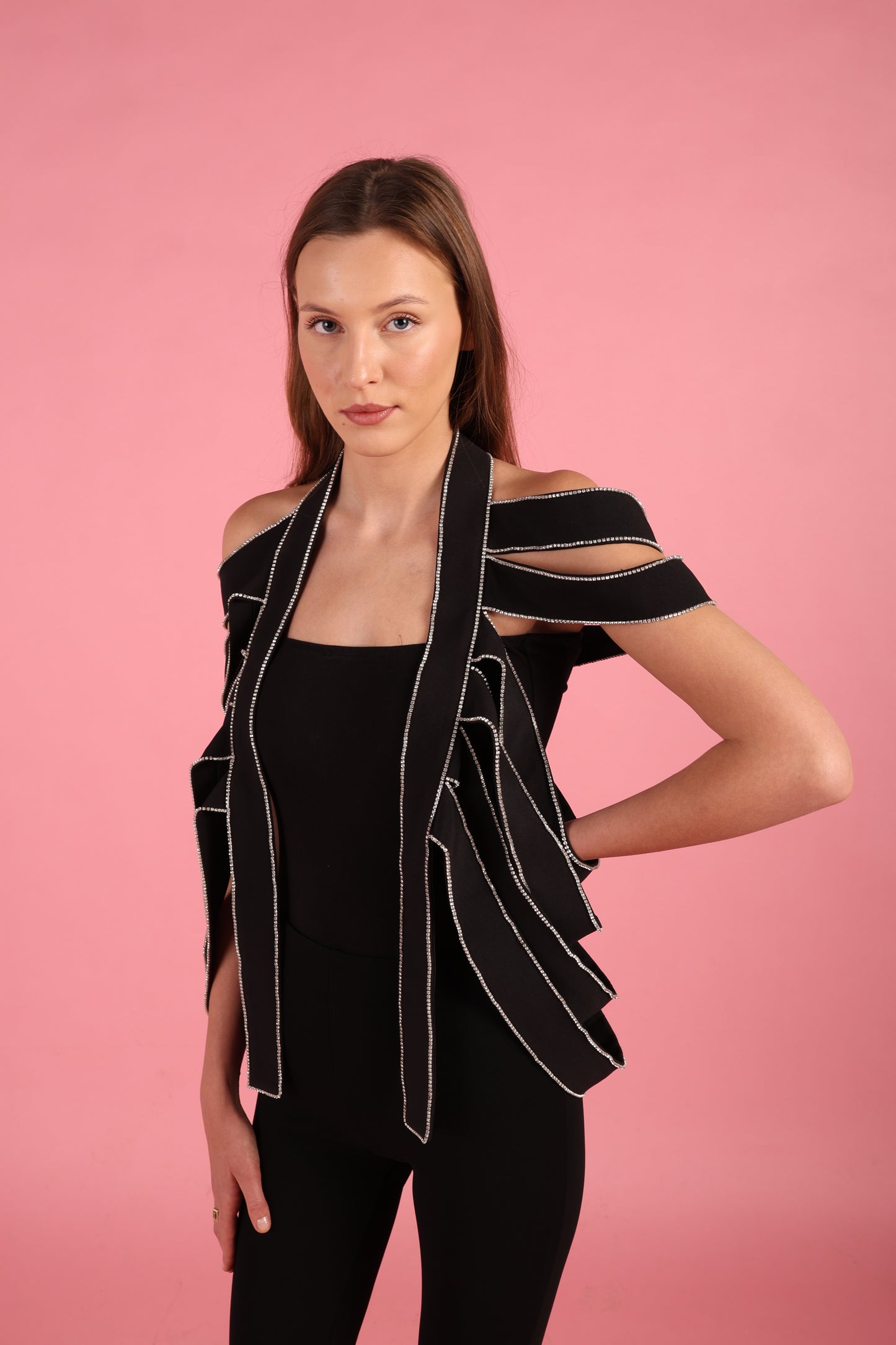 Black Strap Rhinestone Overlay Shoulder cape fits size36/48