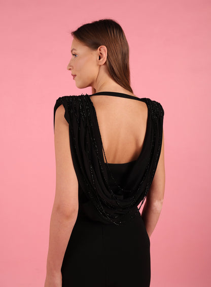 Draped Cowl Neck Top with Black Crystal Chains