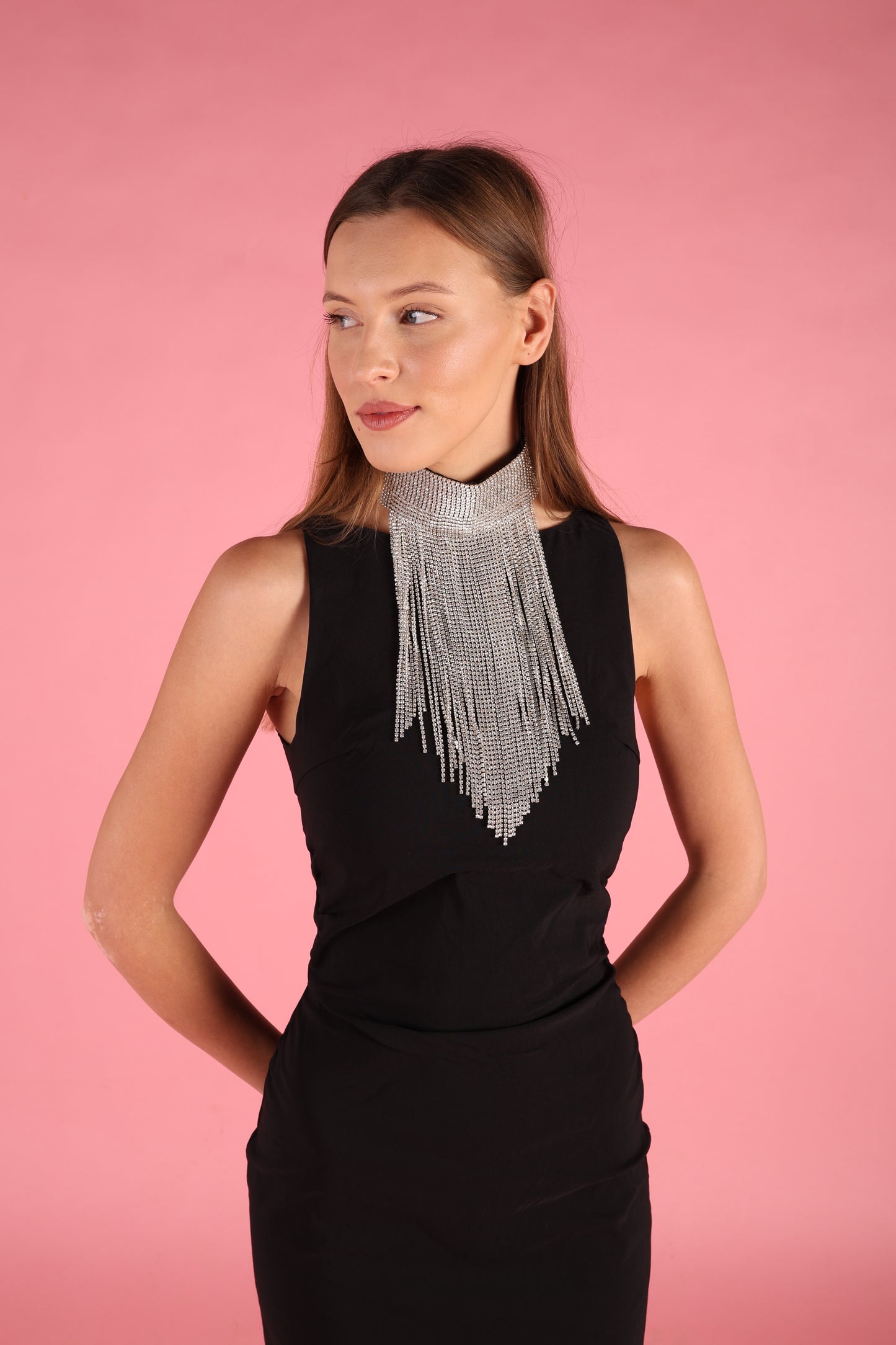 Silver Rhinestone Tassel Collar Statement Neckpiece