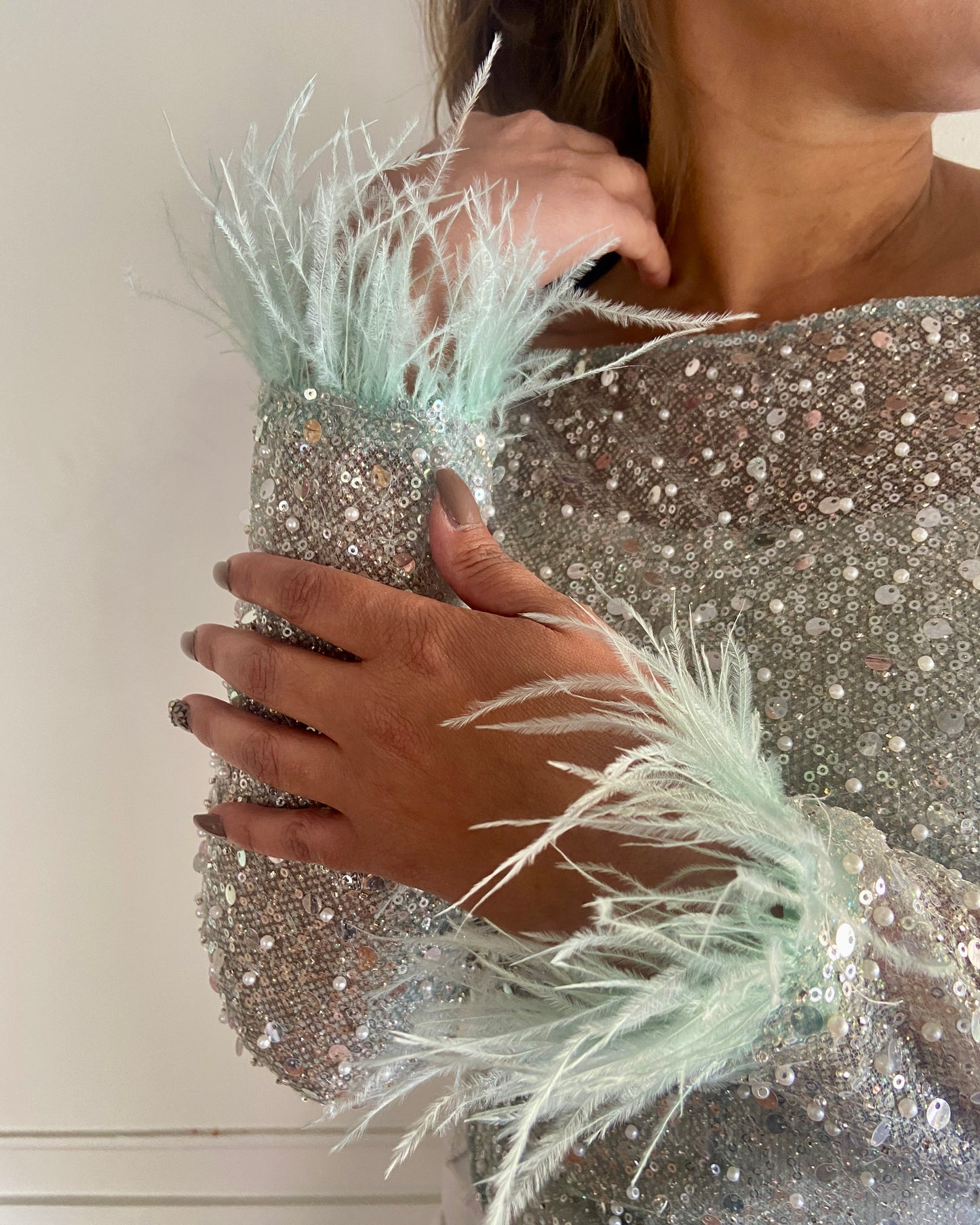 Mint feather-cuff tulle top