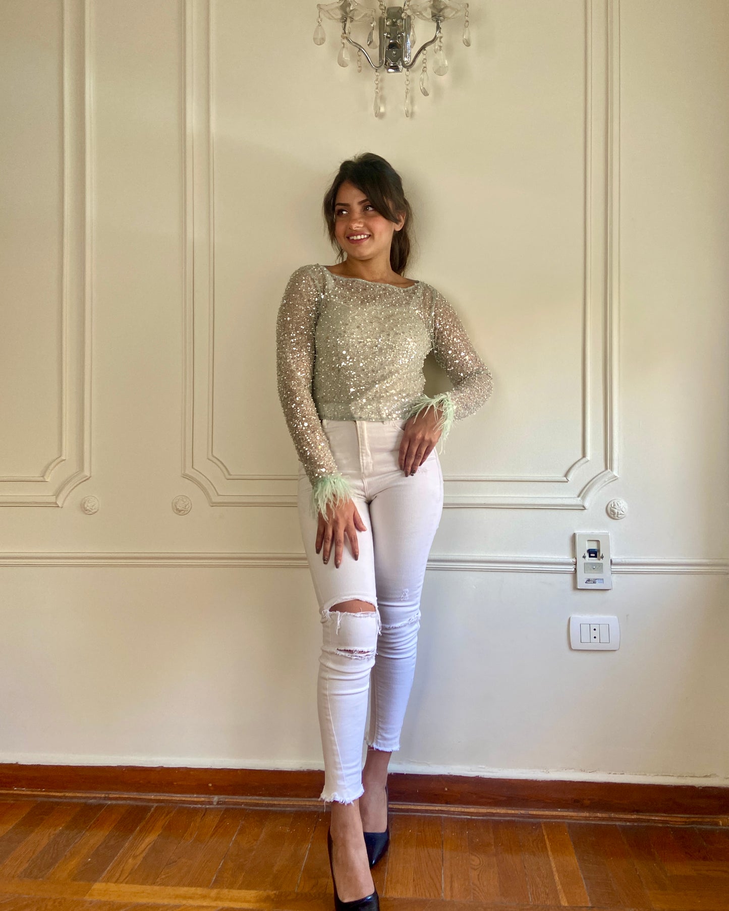 Mint feather-cuff tulle top