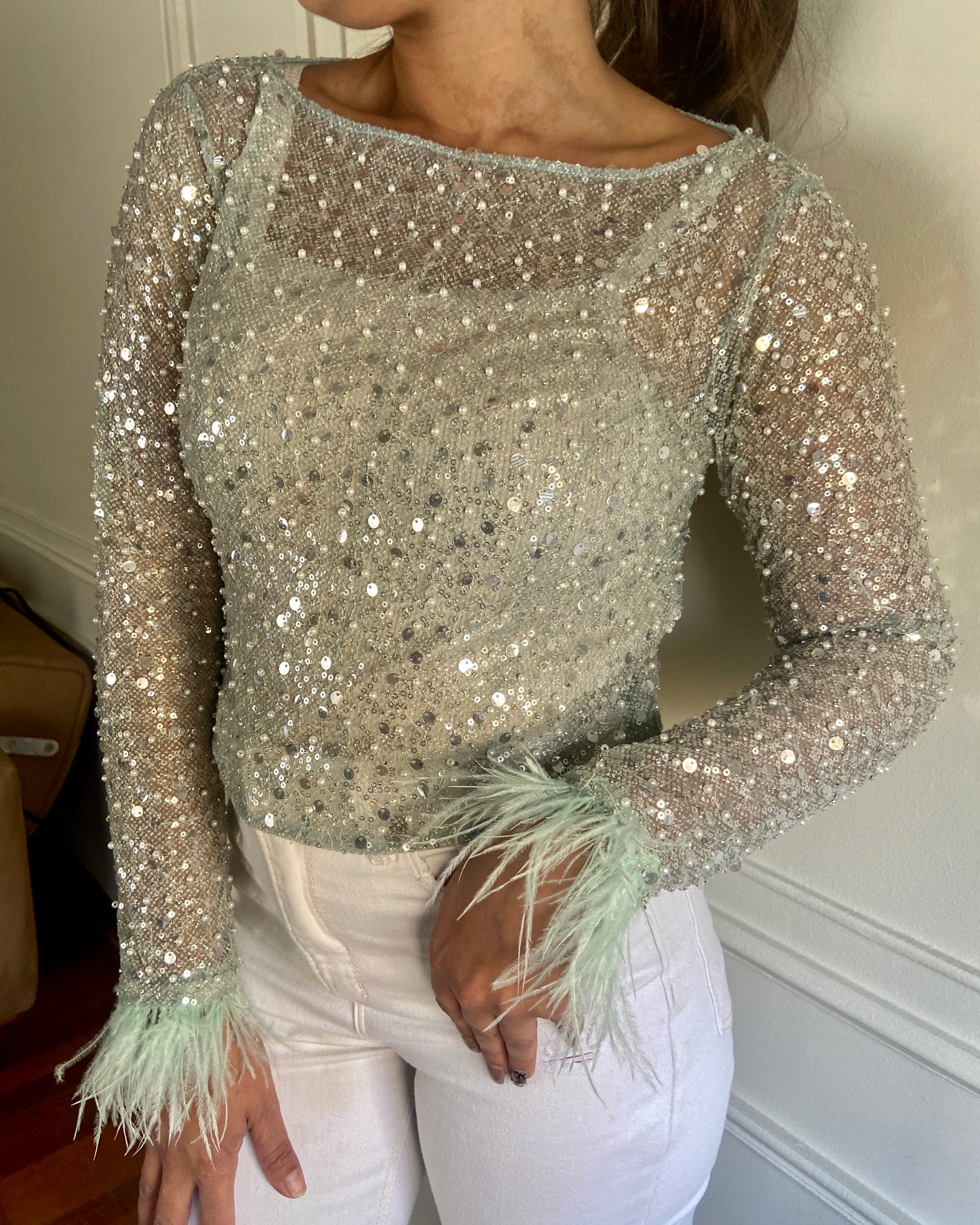 Mint feather-cuff tulle top