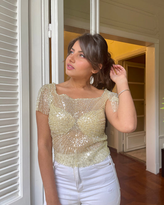 Yellow with silver beads tulle top size 36