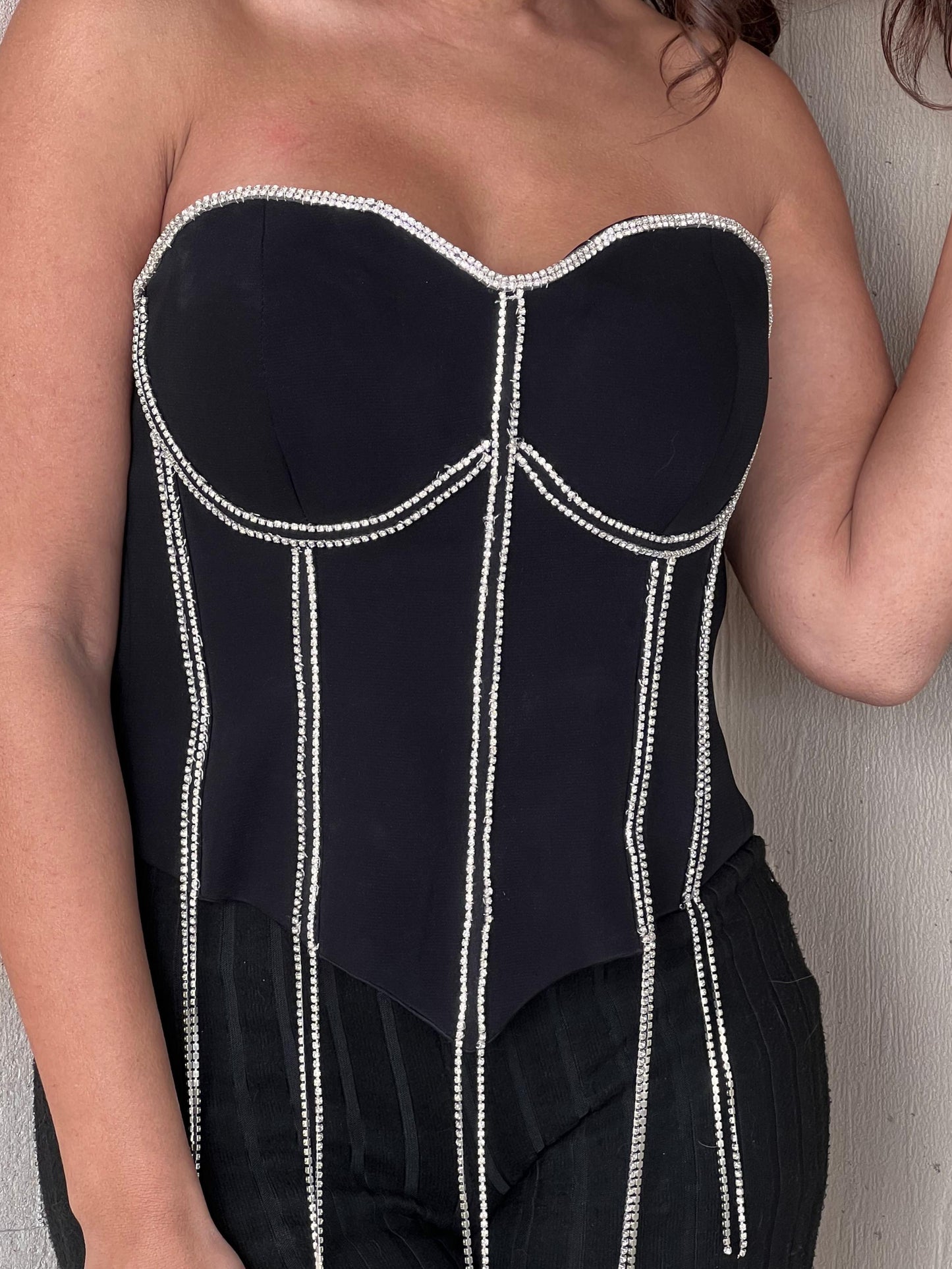Black heart shaped corset with rhinestone fringes