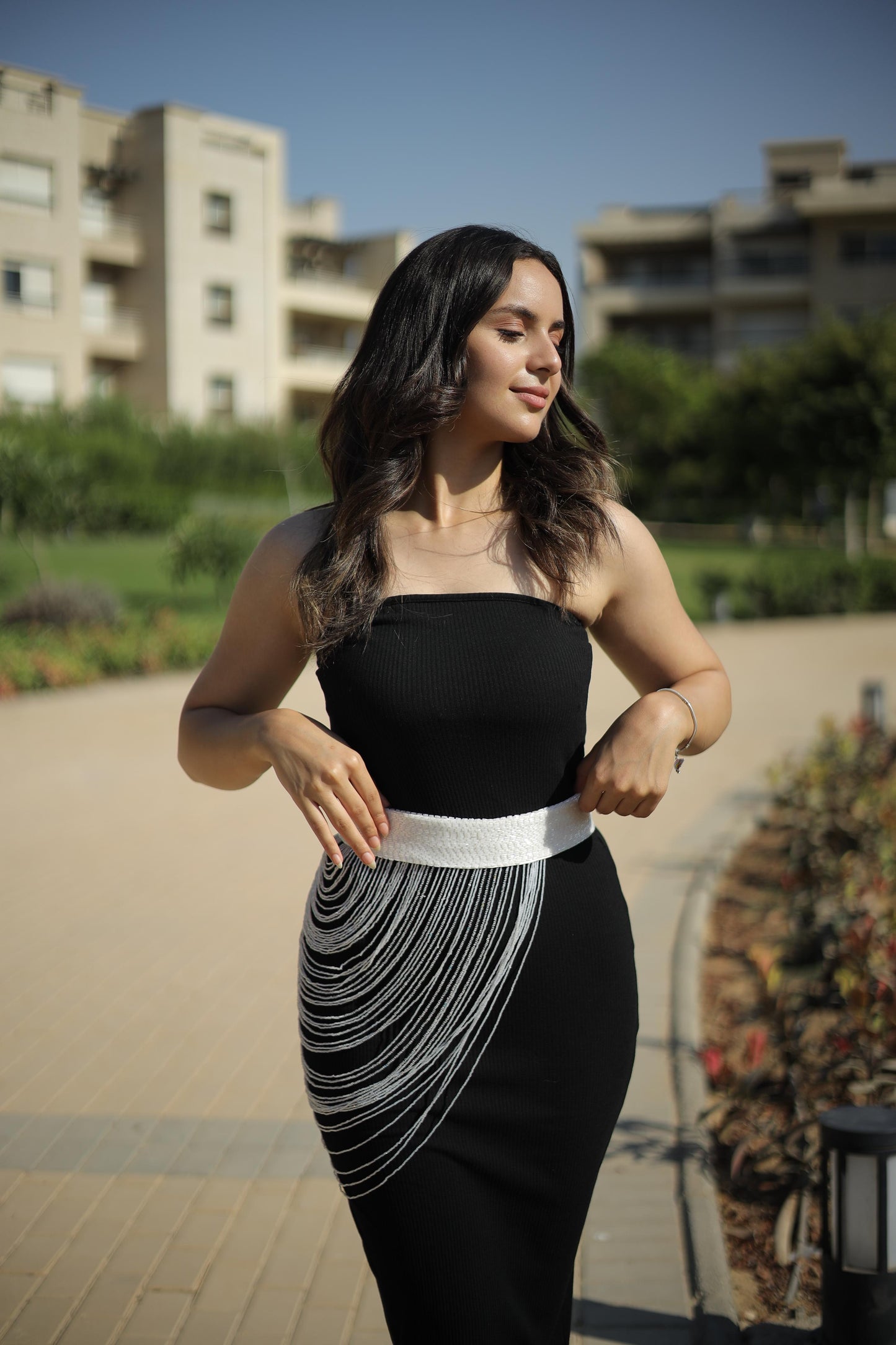 white beads draped belt- size 36