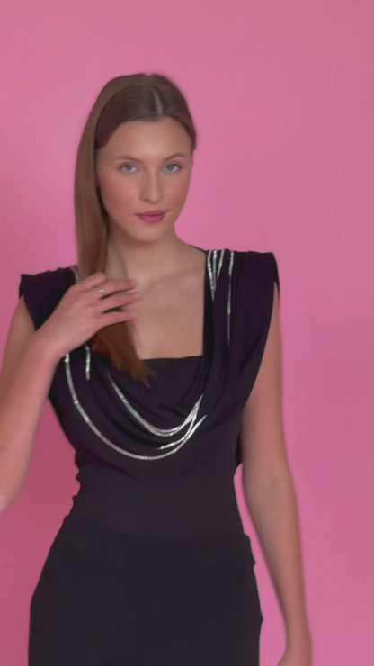 Draped Cowl Neck Top with Black Crystal Chains