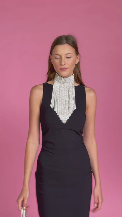 Silver Rhinestone Tassel Collar Statement Neckpiece