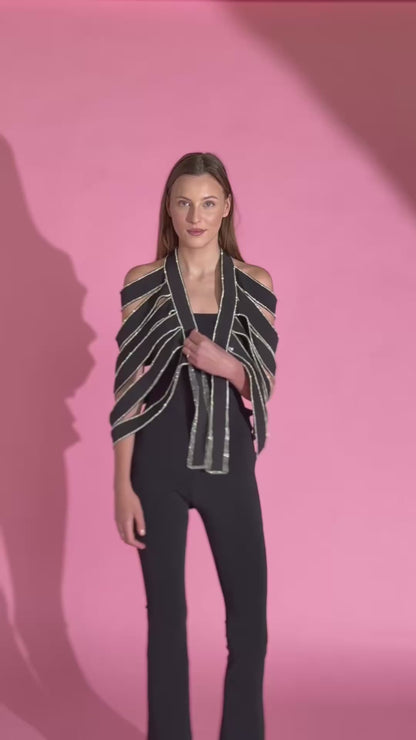 Black Strap Rhinestone Overlay Shoulder cape